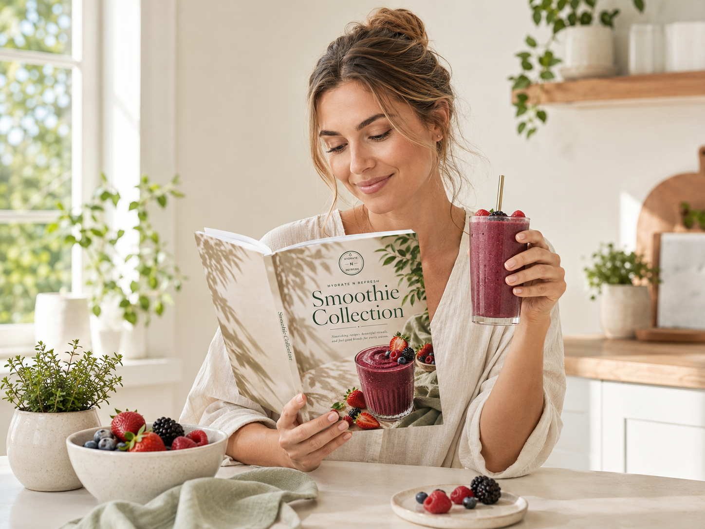Woman drinking smoothie and reading book